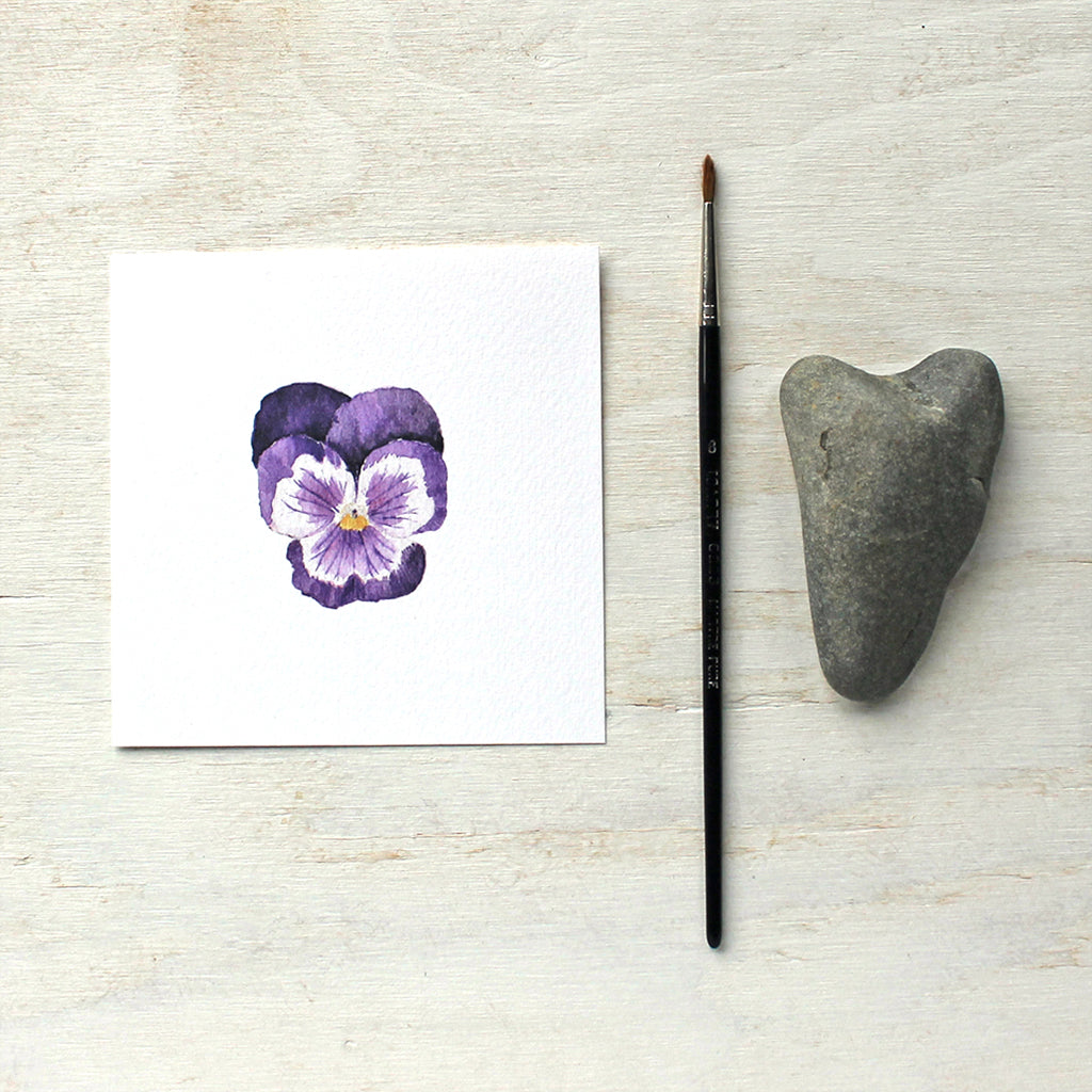 Print of a single dark purple pansy flower by watercolor artist Kathleen Maunder, trowelandpaintbrush