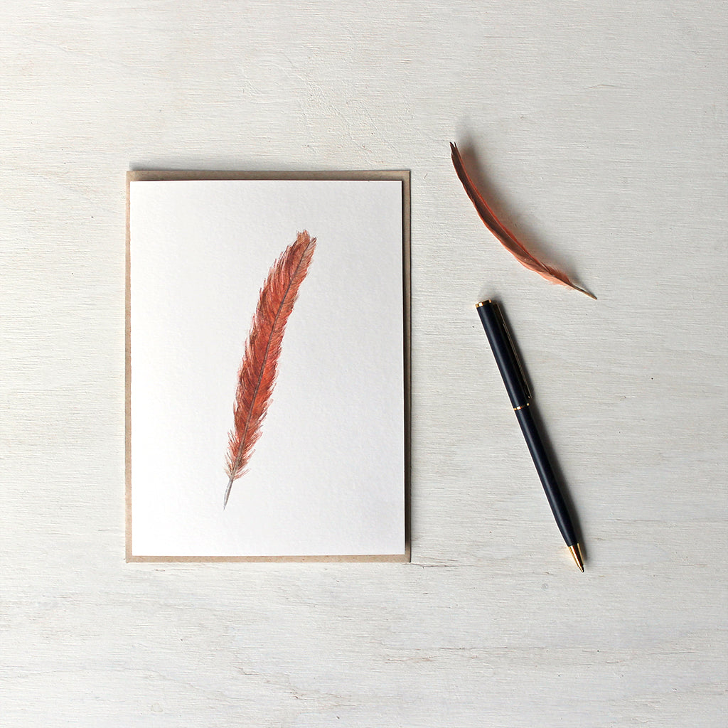 Note card with a watercolour painting of a female Northern cardinal's red and orange tail feather. Artist Kathleen Maunder.
