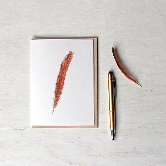 Note card featuring a watercolor painting of a female Northern cardinal's red orange tail feather. Artist Kathleen Maunder.