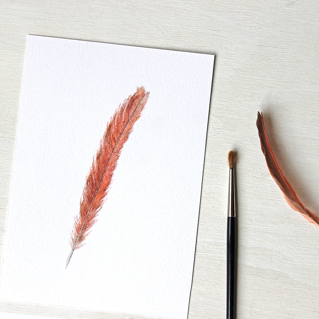 Close up of a print featuring an original watercolor painting of an orange and red female cardinal tail feather by Kathleen Maunder.