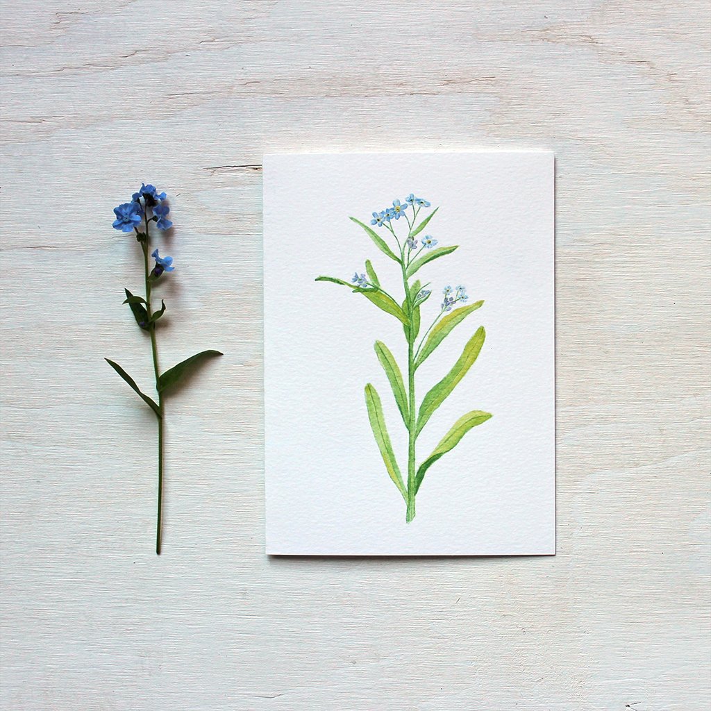 Forget-me-nots watercolor painting on note card. Artist Kathleen Maunder.