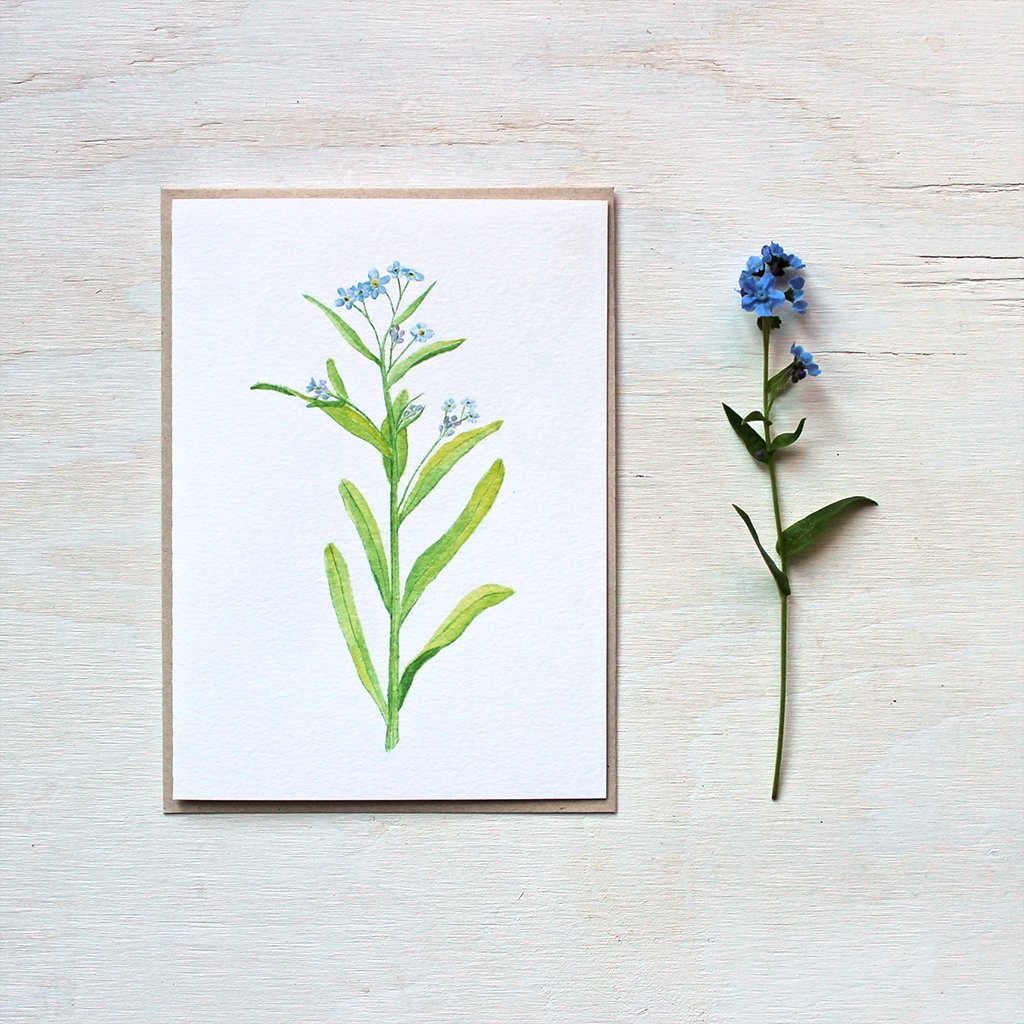 Watercolor note card featuring a forget me not painting by Kathleen Maunder.