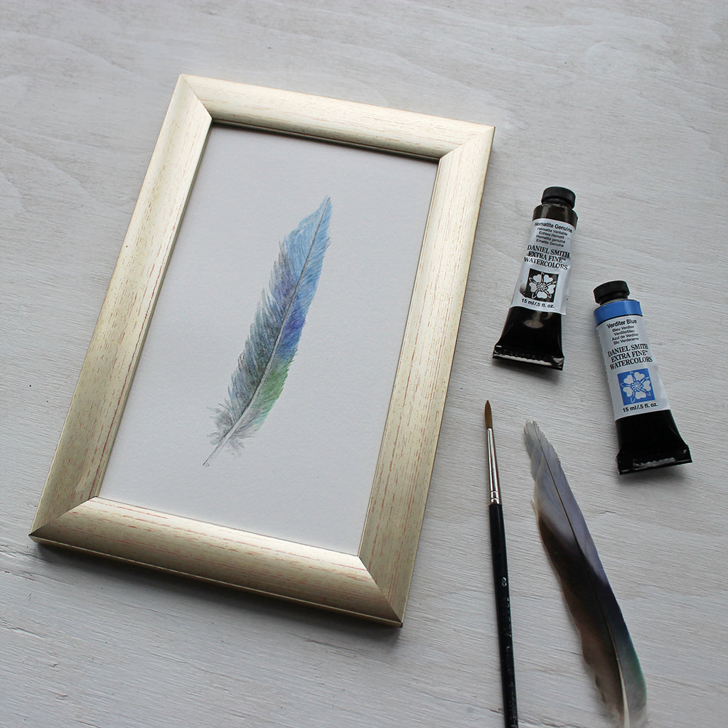 Framed original watercolor painting of a parrot feather by Kathleen Maunder