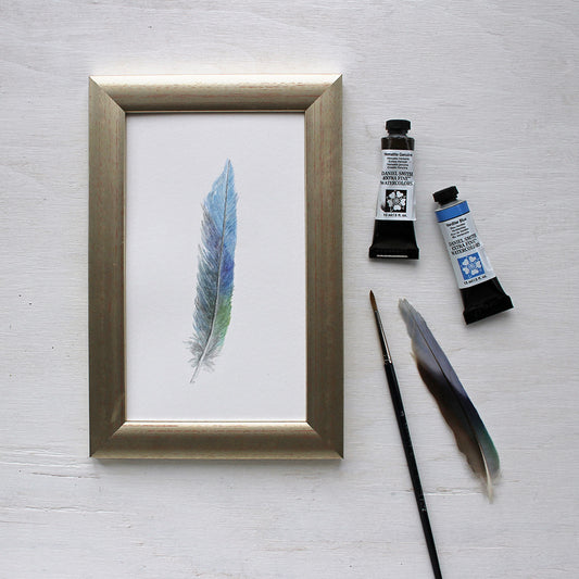 Framed original watercolor painting of a parrot feather by Kathleen Maunder
