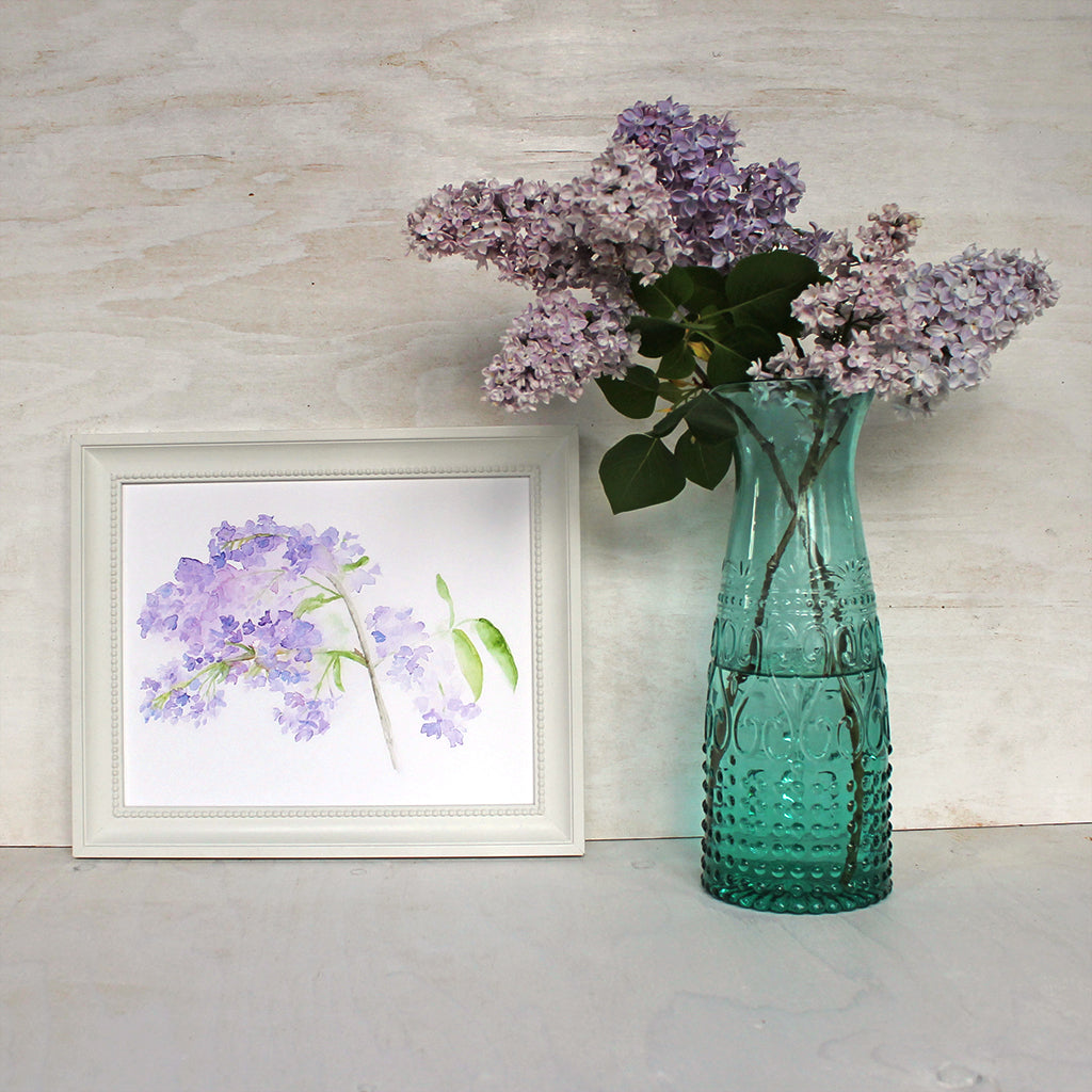 Framed lilacs print featuring a watercolor painting by artist Kathleen Maunder