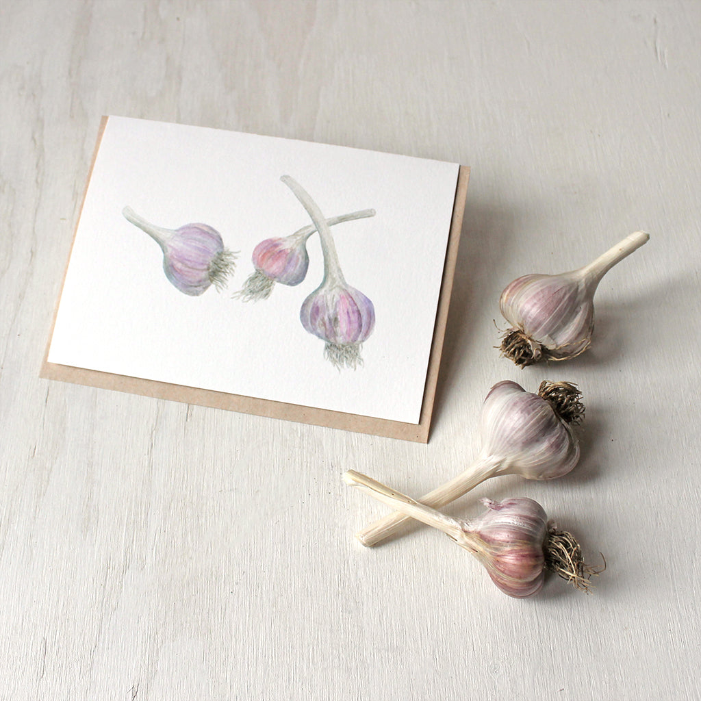 Note cards featuring purple stripe garlic - Watercolor painting by Kathleen Maunder of Trowel and Paintbrush