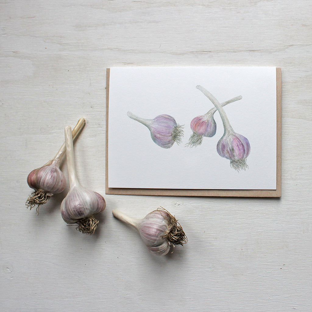 Garlic note cards - Featuring a watercolor painting of purple stripe garlic bulbs by Kathleen Maunder