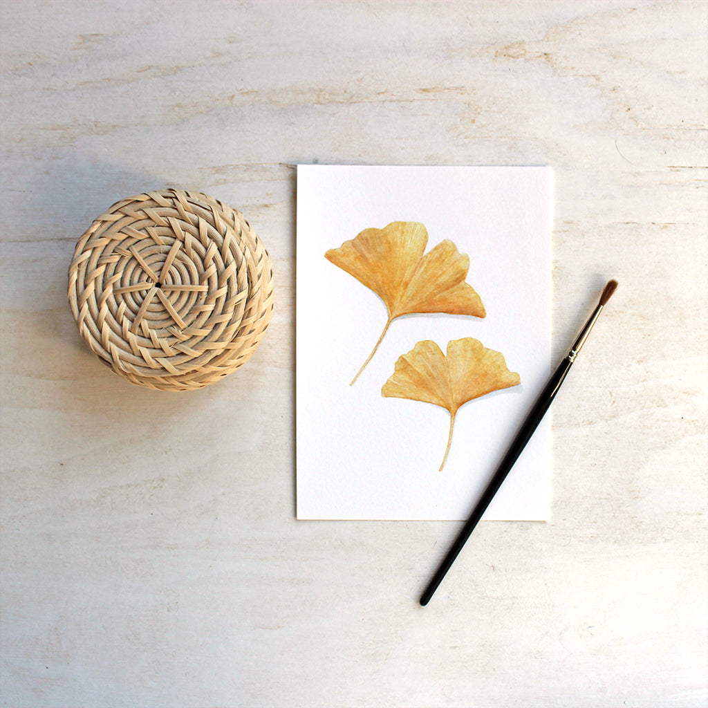 An art print of a beautiful autumn ginkgo leaf based on a watercolor painting by Kathleen Maunder.