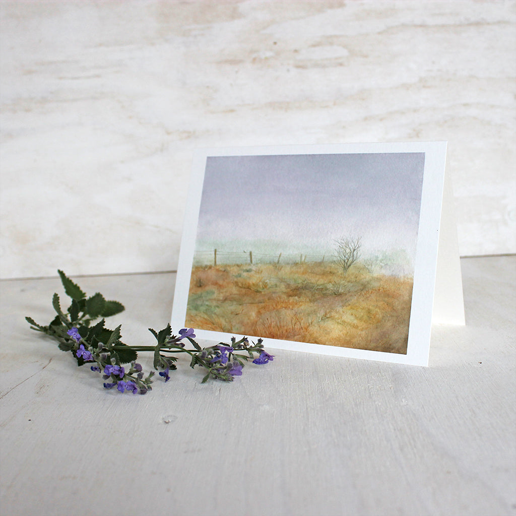 A note card featuring a lovely, moody watercolour of Haworth moor where the Brontë sisters used to walk. Landscape painting by  Kathleen Maunder.