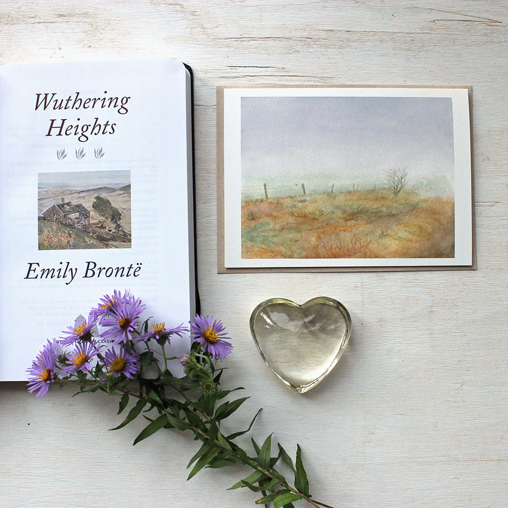 A note card featuring a lovely, moody watercolour of Haworth moor where the Brontë sisters used to walk. Landscape painting by Kathleen Maunder.