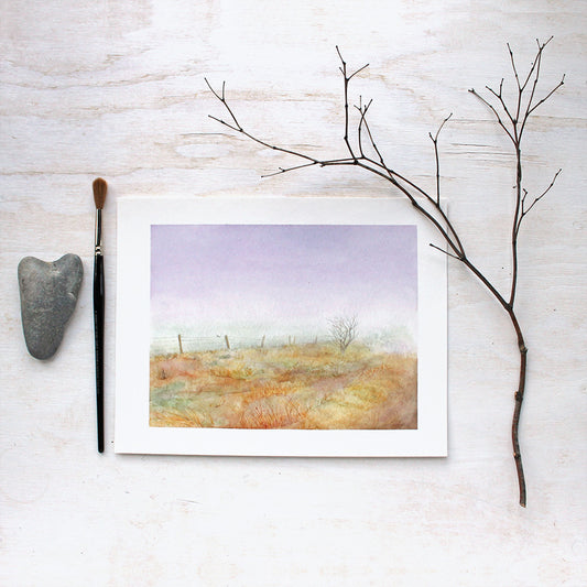 An art print of a delicate moody watercolor painting of misty Haworth Moor where the Brontë sisters used to walk. Artist Kathleen Maunder of Trowel and Paintbrush