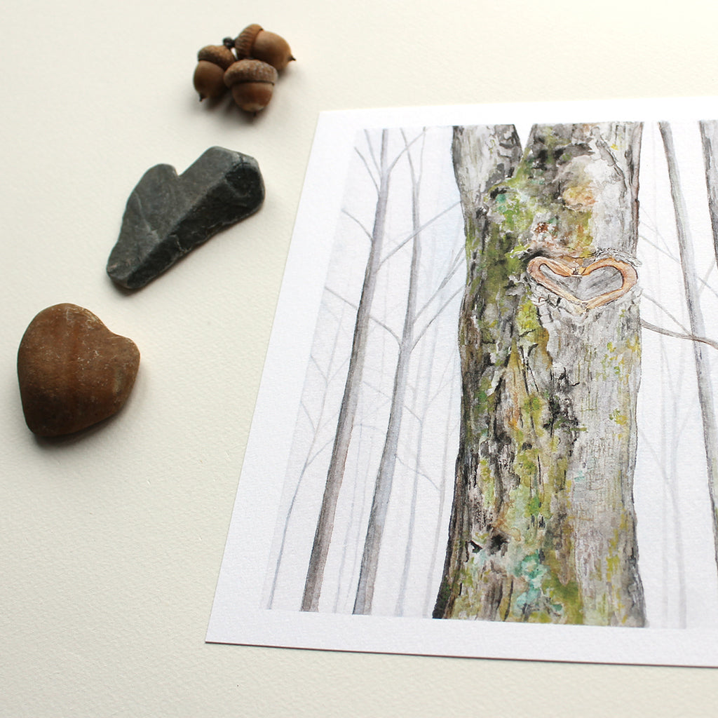 Detail of watercolor image of heart shape on bark of tree. Painting by Kathleen Maunder of Trowel and Paintbrush.