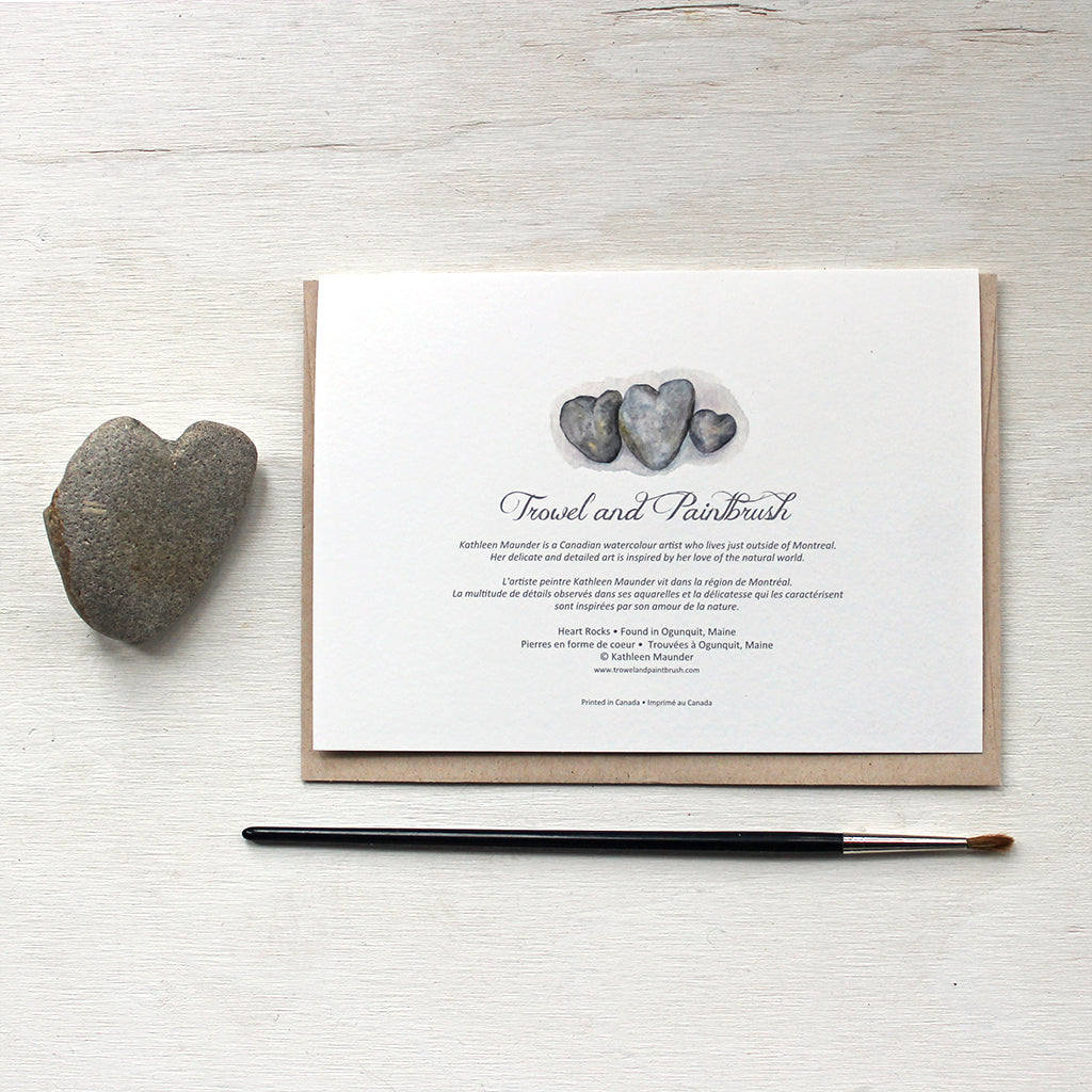 Back of Heart Rock Watercolor Note Cards with artist bio