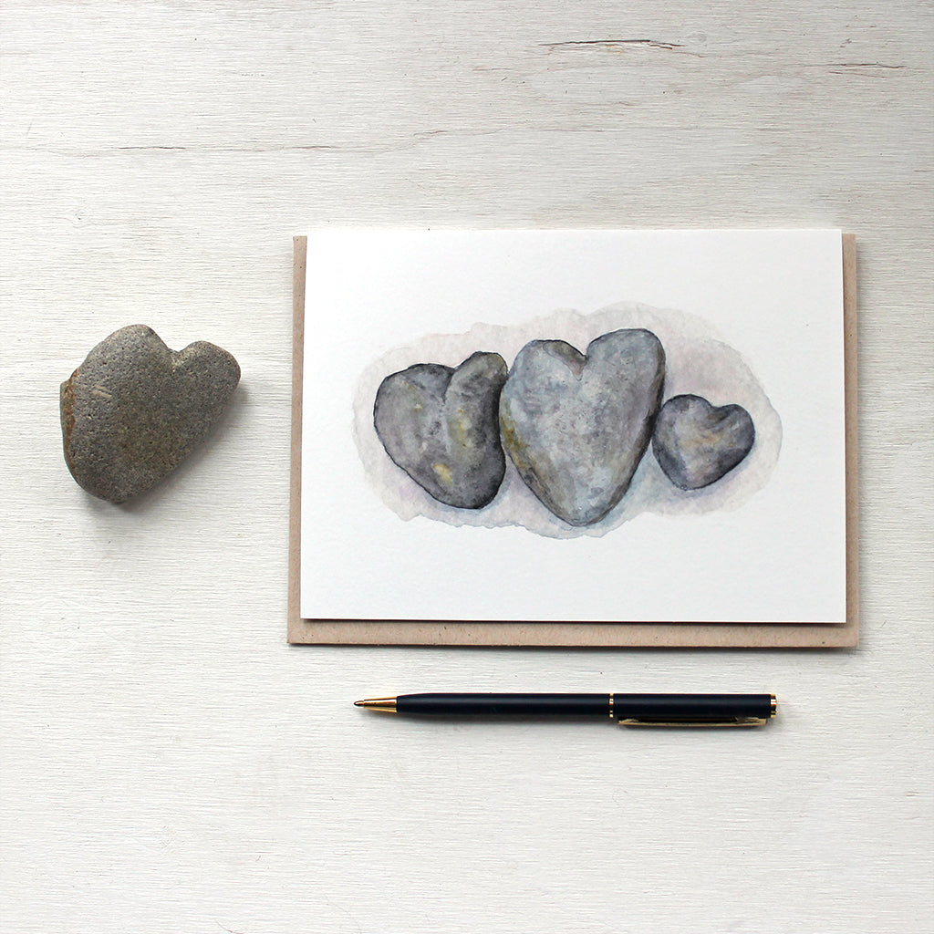 Watercolor note cards featuring a painting of heart stones by Kathleen Maunder