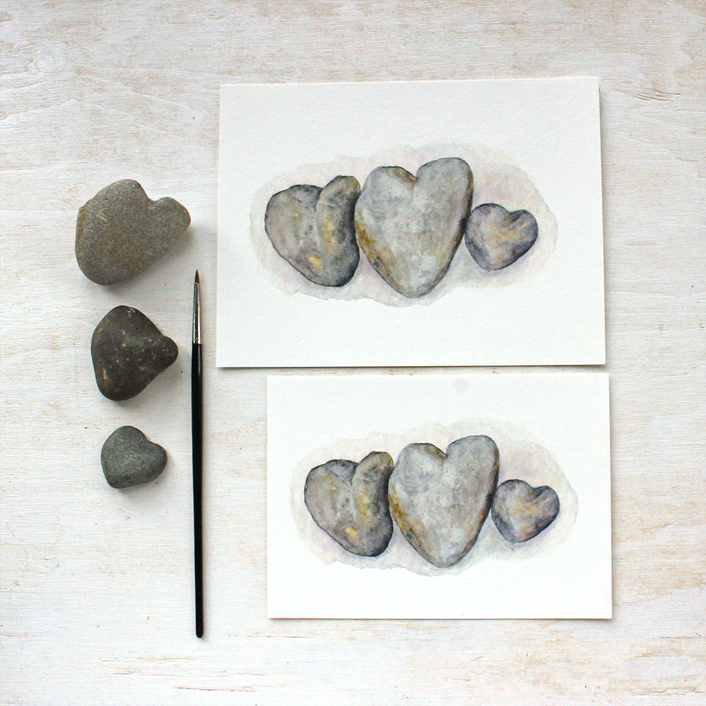 Watercolor painting of beautiful heart-shaped beach rocks. Art print available in 6 x 8 or 5 x 7 formats.