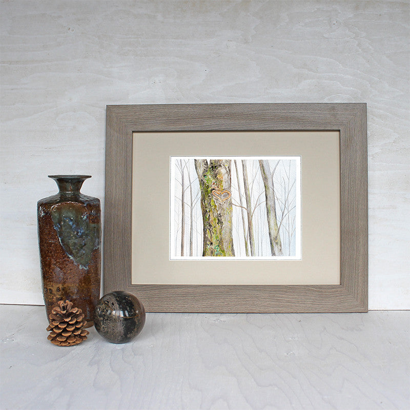 Sample framed Heart Tree watercolor print by Kathleen Maunder of Trowel and Paintbrush