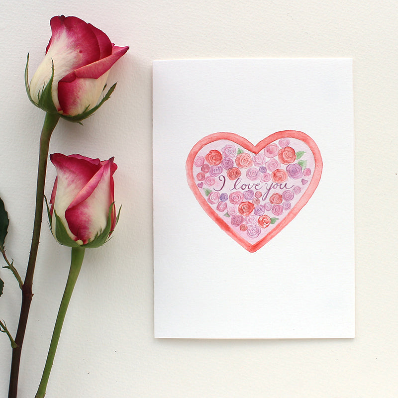 Watercolor heart and roses card by Kathleen Maunder