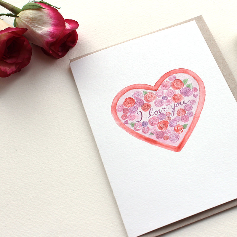 Heart and Roses note card by watercolor artist Kathleen Maunder