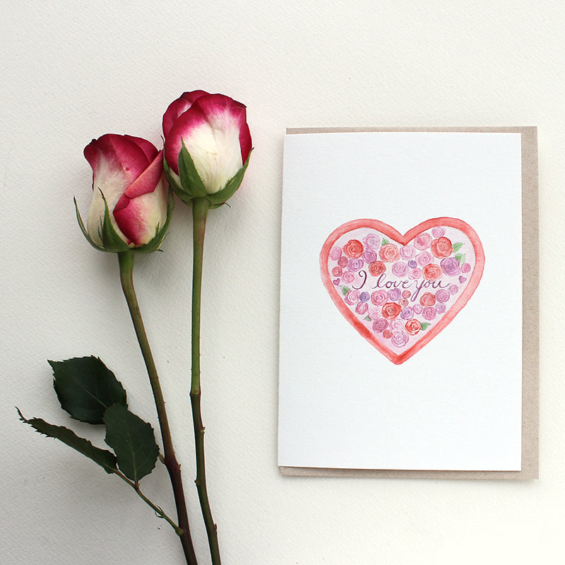 Heart and Roses note card by watercolor artist Kathleen Maunder