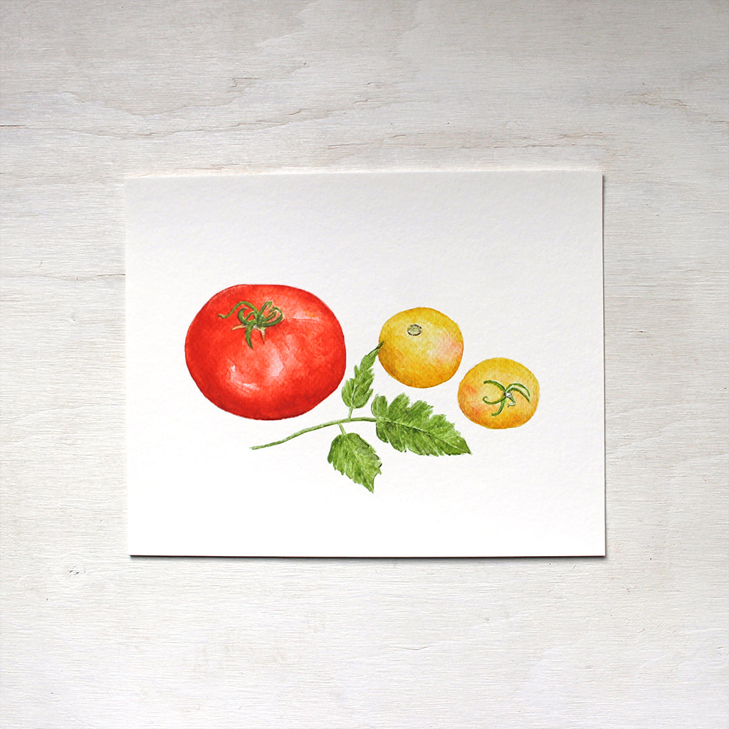 An art print with a red Beefsteak tomato and two yellow Garden Peach tomatoes. Painted in watercolor by Kathleen Maunder. 