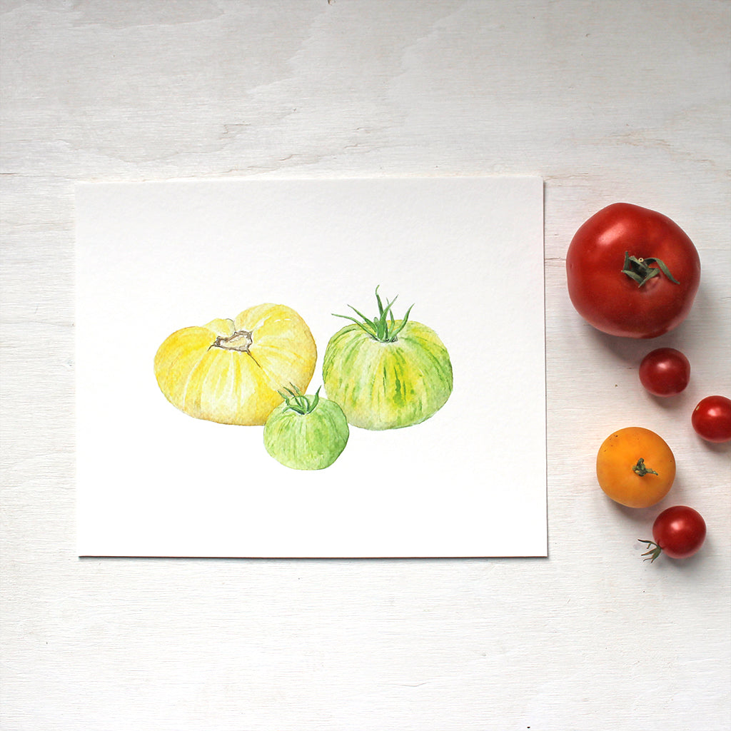 A watercolor art print depicting a grouping of one pale yellow (Beauté blanche) tomato and and two green-striped Zebra tomatoes. Artist Kathleen Maunder.