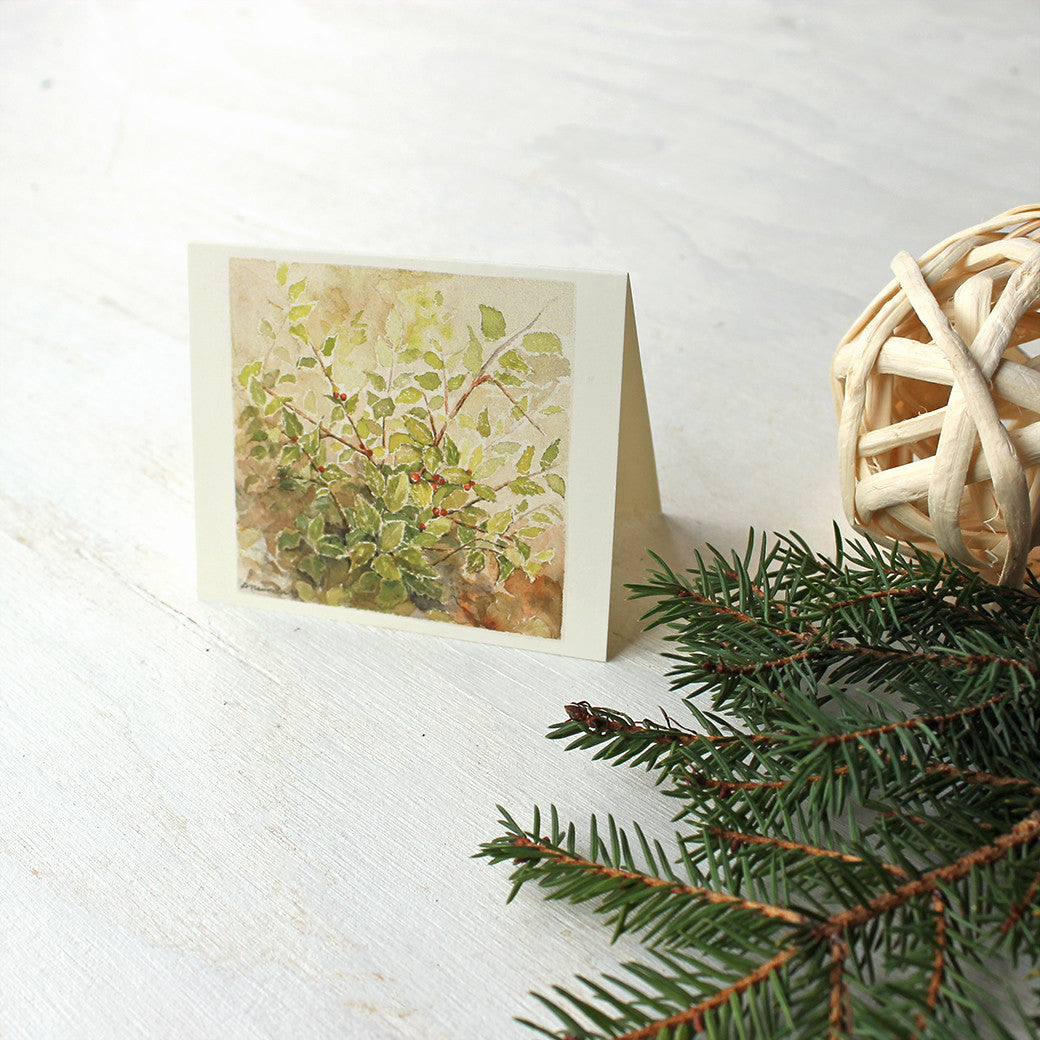 Holly gift tag featuring watercolor by Kathleen Maunder, trowelandpaintbrush.com