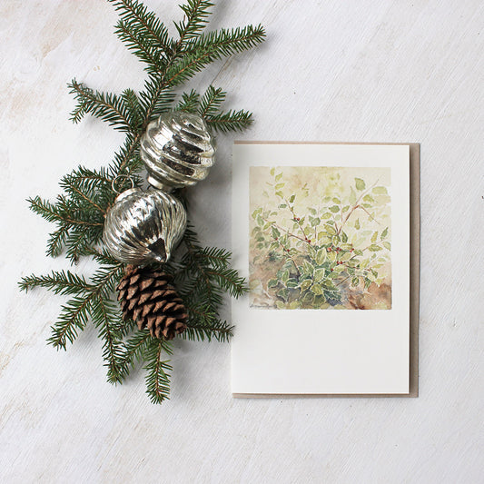 Note card featuring a watercolor of a holly bush. Lovely natural tones. Artist Kathleen Maunder 
