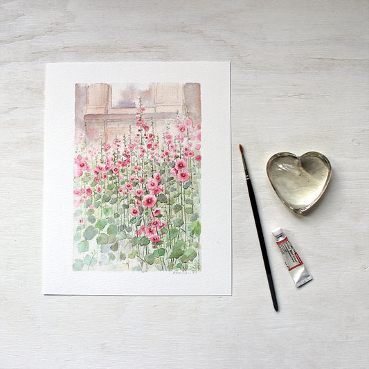 Hollyhocks art print based on an original watercolor by artist Kathleen Maunder.