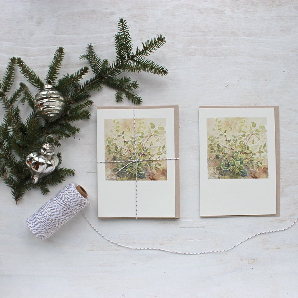 Set of holly note cards featuring a watercolor painting by Kathleen Maunder