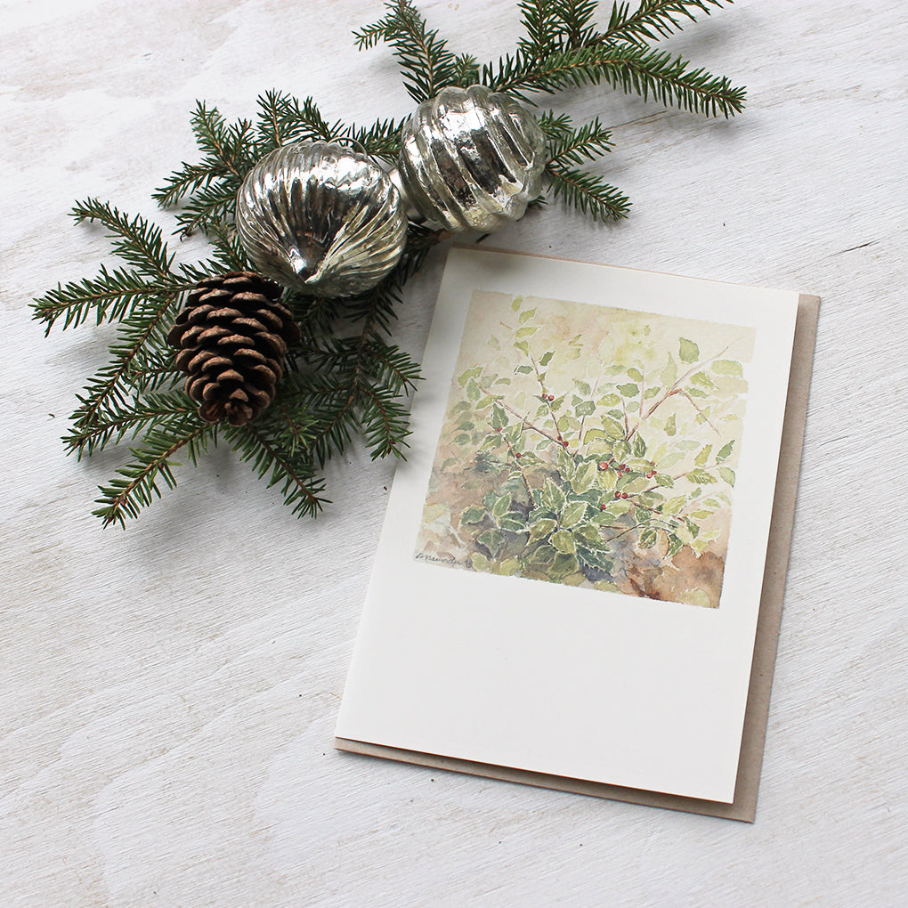 Note card featuring a watercolor of a holly bush. Lovely natural tones. Artist Kathleen Maunder