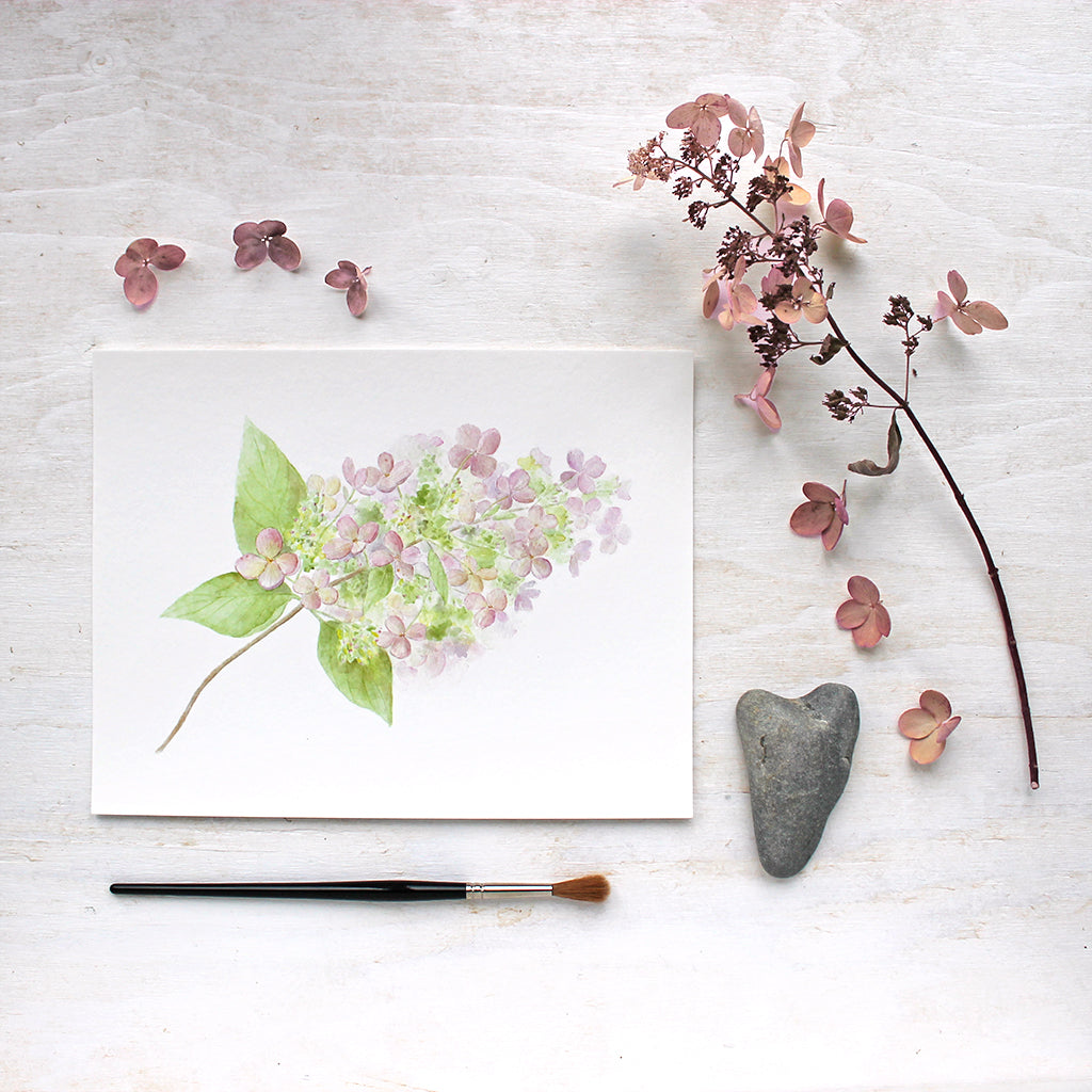 A lovely art print featuring a watercolor painting of a small branch of delicate pink hydrangea. Artist Kathleen Maunder.