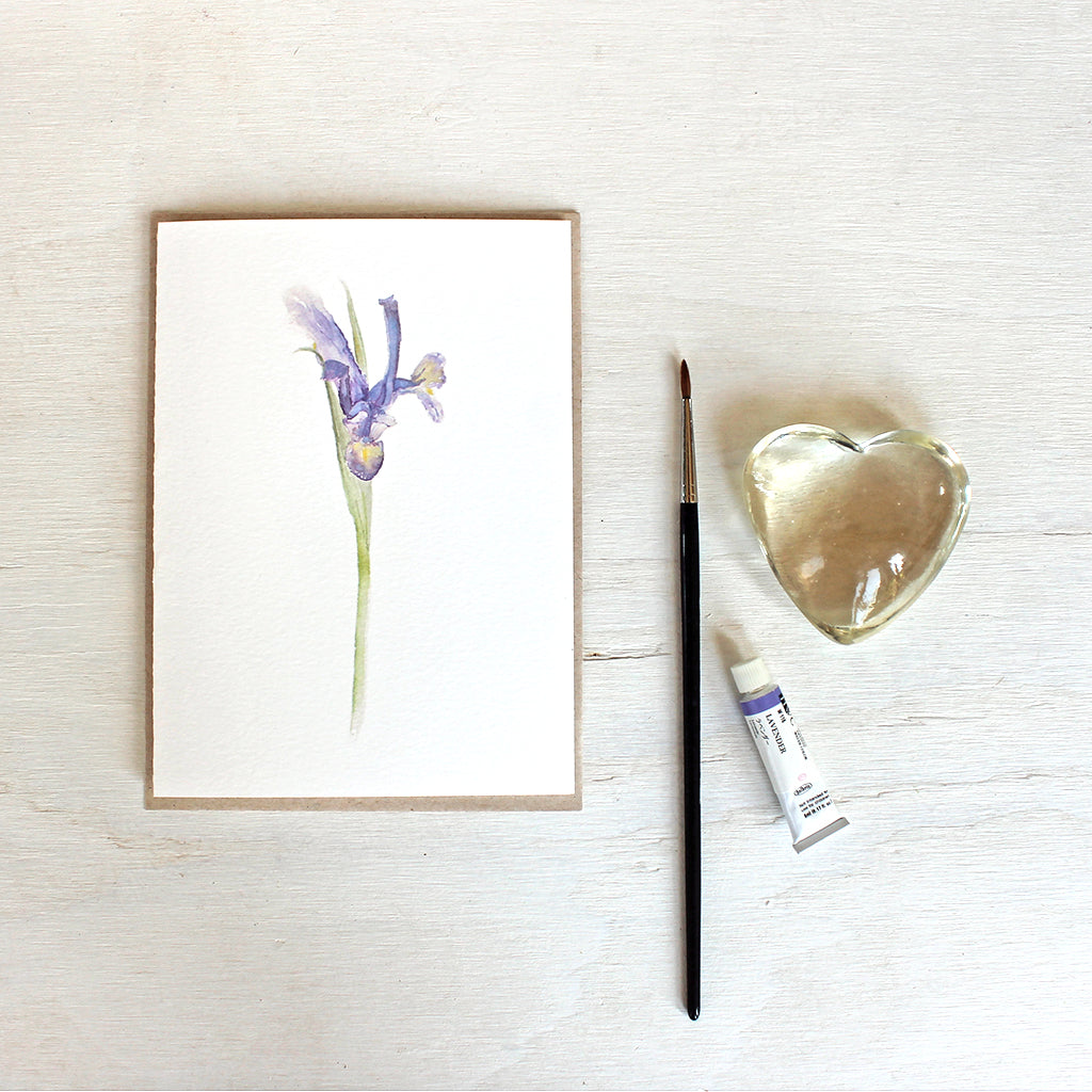Note card featuring watercolour painting of a Siberian iris. Artist Kathleen Maunder.