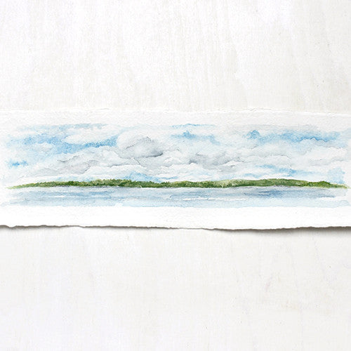 An original watercolor Muskoka painting depicting the lake, the gentle landscape and the approach of summer afternoon storm clouds. Artist Kathleen Maunder