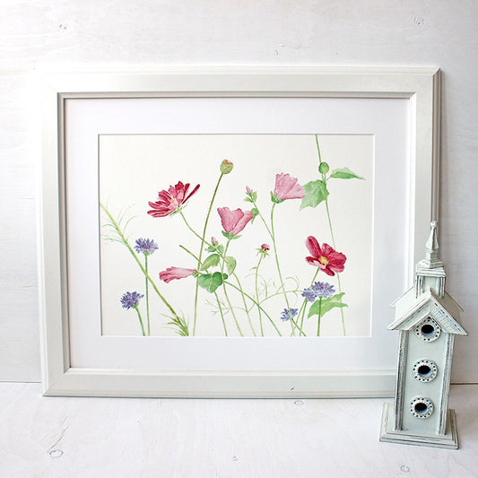 Wildflower Watercolor Print, shown in frame (trowelandpaintbrush)