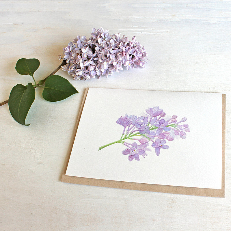Lilac sprig note card featuring watercolor by Kathleen Maunder