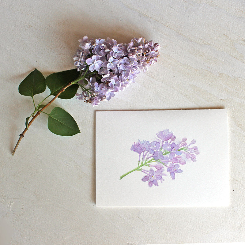 Note card featuring lilac watercolor by Kathleen Maunder
