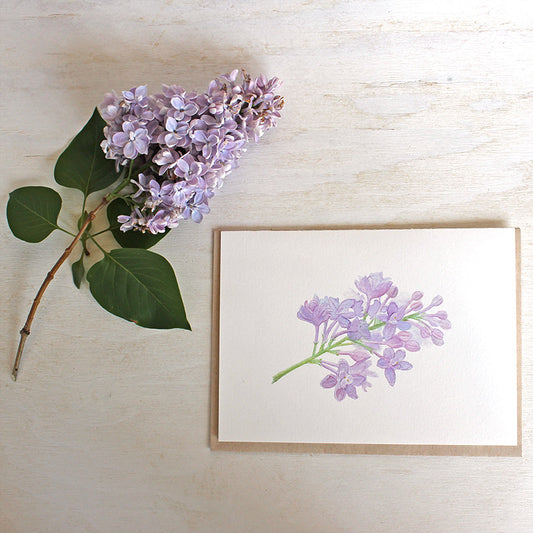 Lilac sprig note card featuring watercolour by Kathleen Maunder