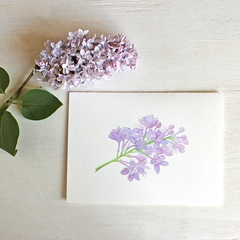 Lilac sprig note card featuring watercolor by Kathleen Maunder