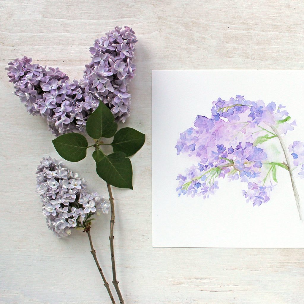 Close up details of lilac watercolor print by artist Kathleen Maunder of Trowel and Paintbrush