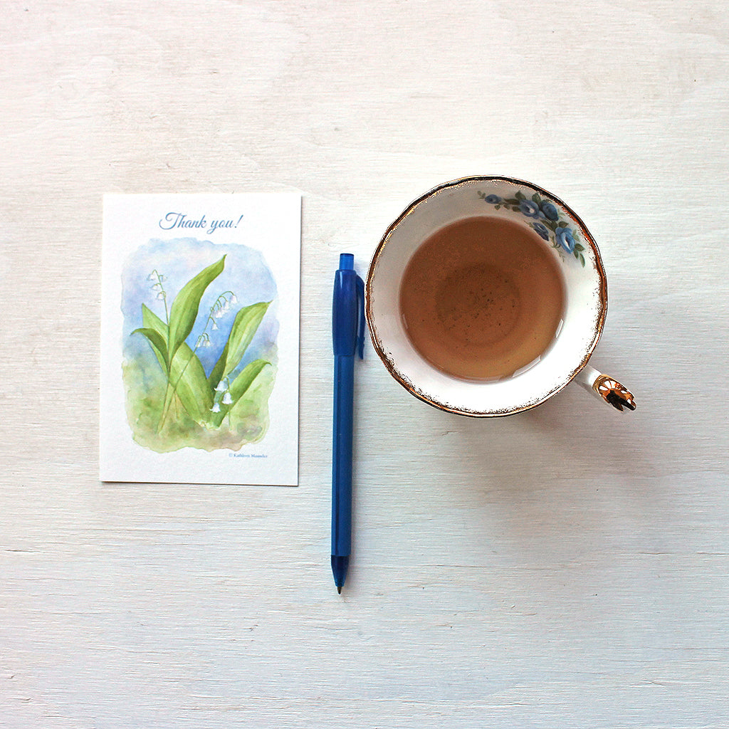 Lily of the valley thank you note card by watercolor artist Kathleen Maunder