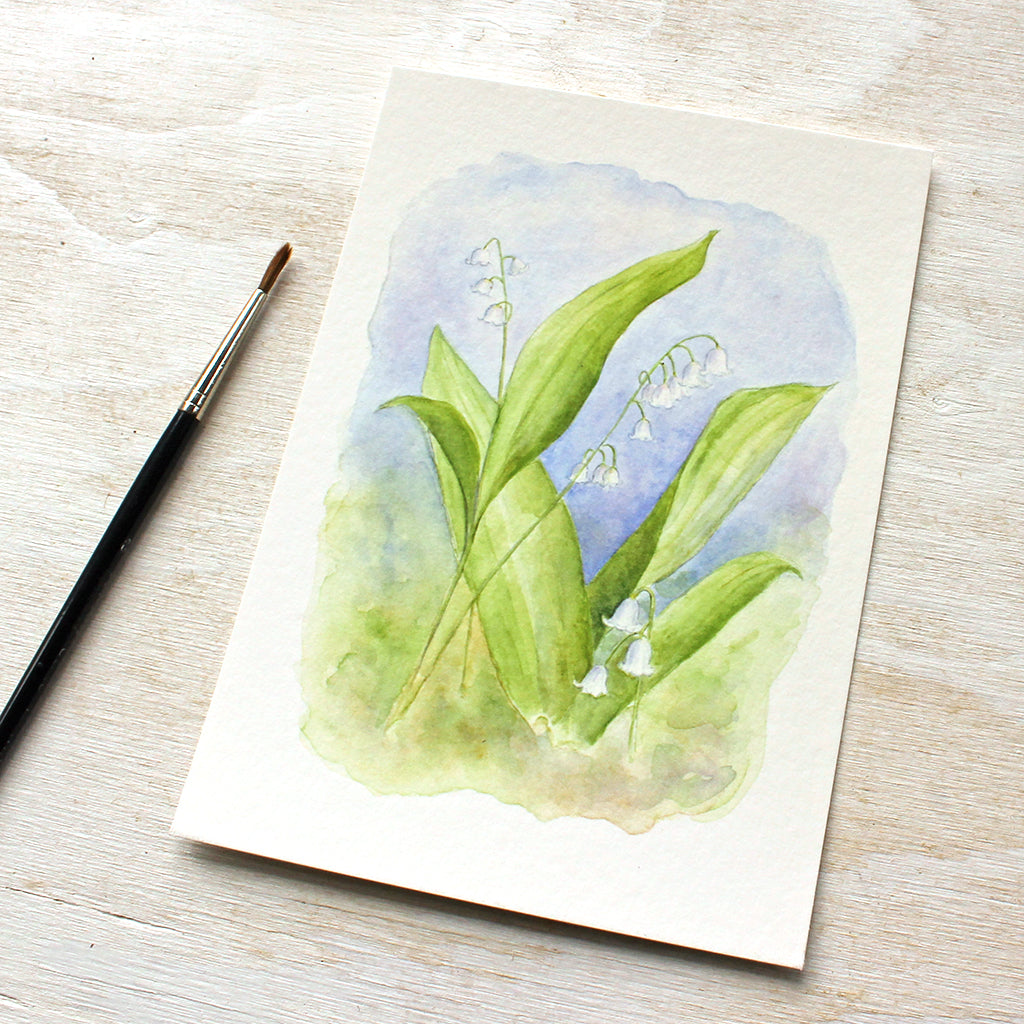 Close up of 'Lily of the Valley' watercolor painting by Kathleen Maunder 