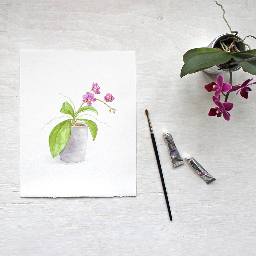 Watercolor painting of a tiny orchid plant with magenta-colored blossoms by artist Kathleen Maunder. Available as print. 