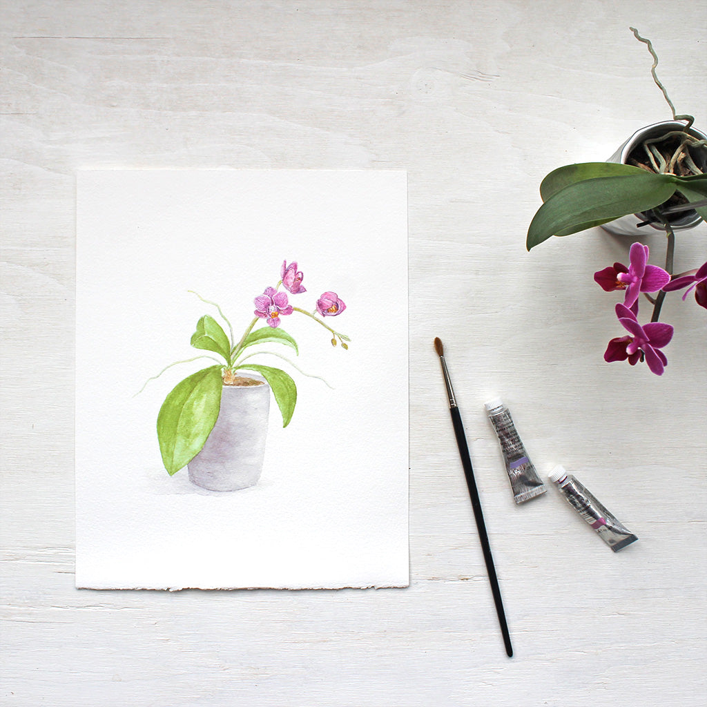 Print of botanical painting depicting magenta colored orchids by watercolour artist Kathleen Maunder
