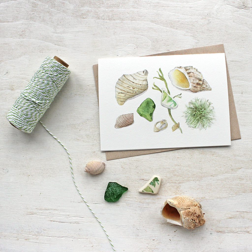 Five lovely note cards featuring a watercolor I did of beach treasures gathered one summer in Jonesport, Maine: shells, sea glass, seaweed and a pottery shard.