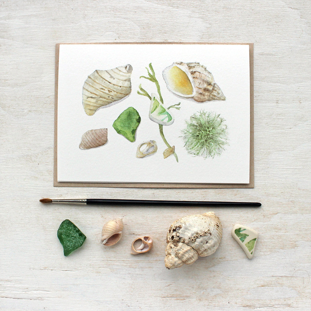 Beach finds note cards by watercolor artist Kathleen Maunder featuring shells, beach glass and seaweed.