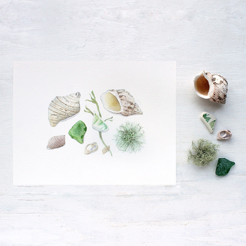 Watercolor print of sea shells and beach glass by Kathleen Maunder of Trowel and Paintbrush