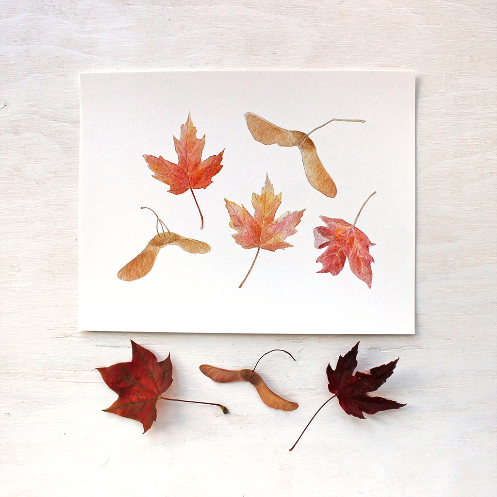 Autumn print featuring a watercolor of maples leaves and keys by Kathleen Maunder