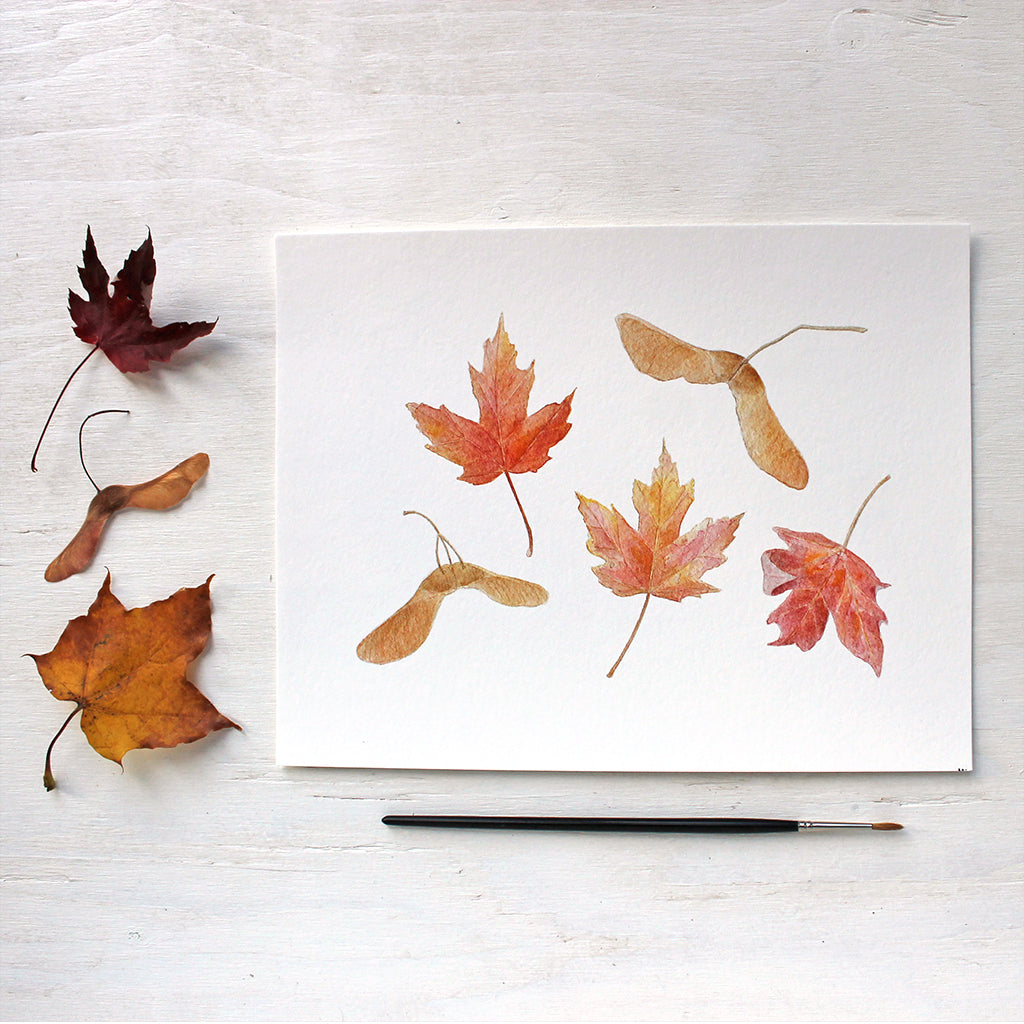Autumn print featuring a watercolour of maples leaves and keys by Kathleen Maunder