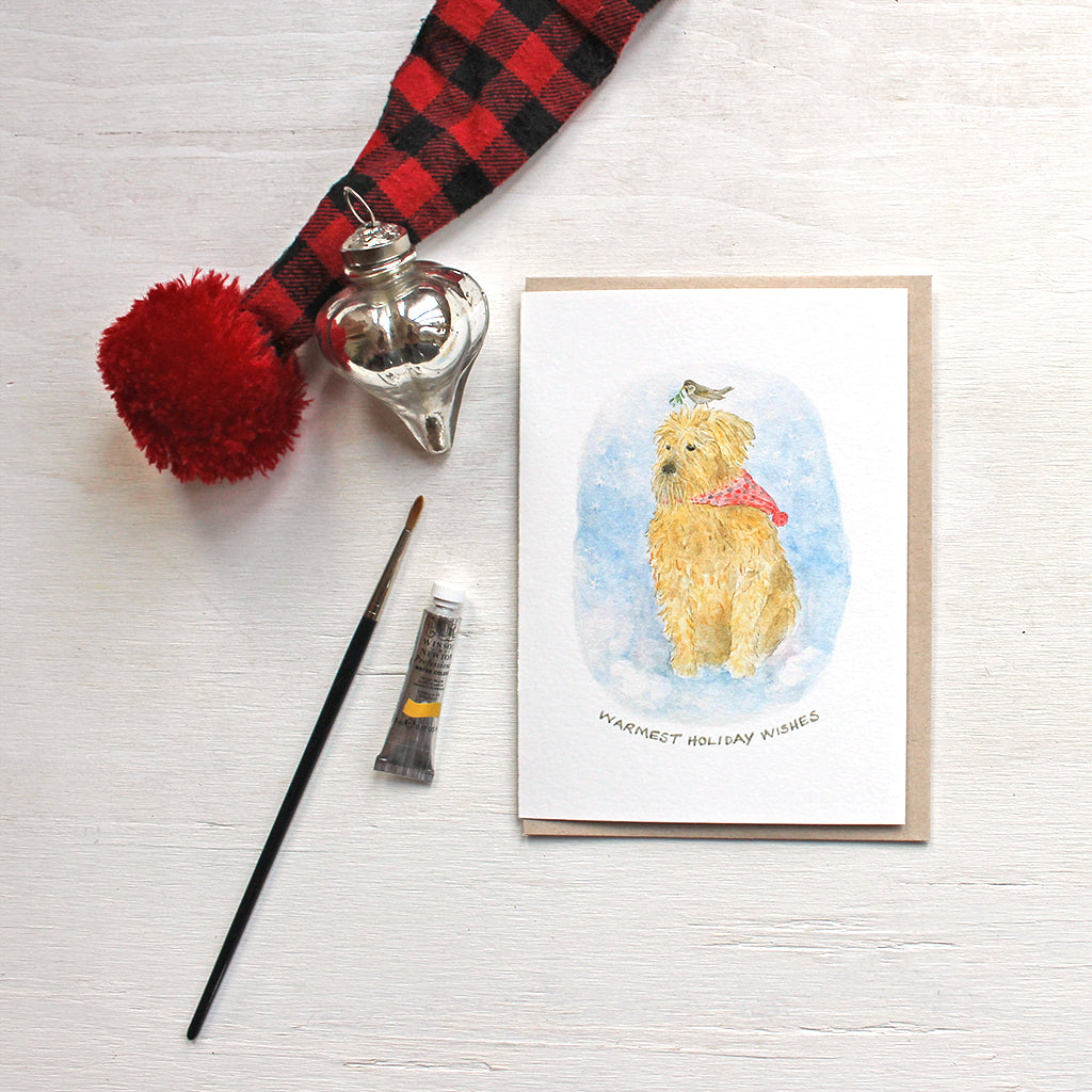 A dog, sparrow and mistletoe - Wheaten terrier holiday cards featuring a watercolor by Kathleen Maunder