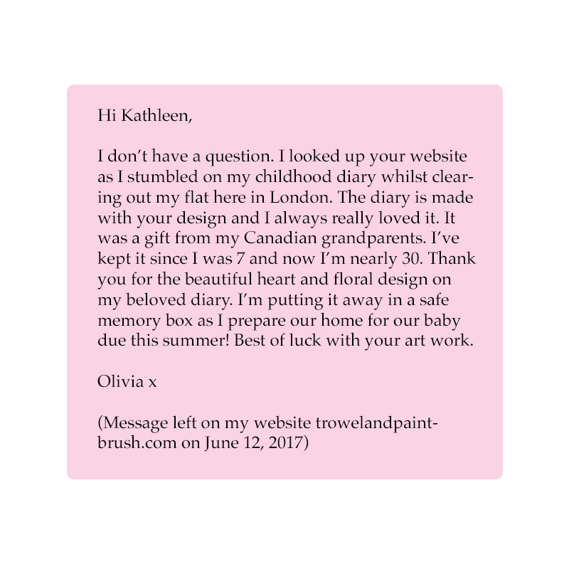 Customer review of Pink Heart diary with lock and key. Featuring watercolor art by Kathleen Maunder.